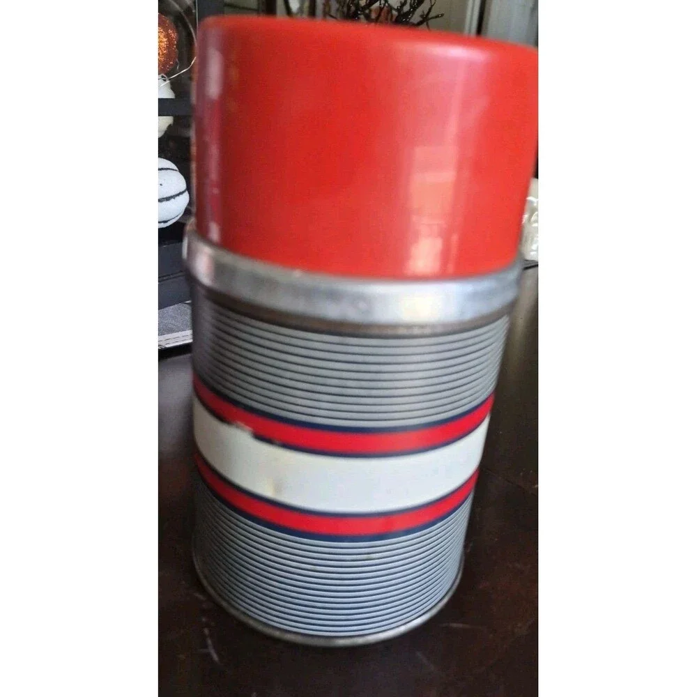 Vintage Sears J C Higgins Metal Vacuum Thermos Red Navy Striped Red Cap 1950s